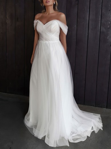 A-line Off-the-shoulder Tulle Sweep Train Wedding Dress With Beading #UKM00027441