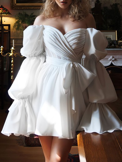 A-line Off-the-shoulder Satin Short/Mini Wedding Dress #UKM00027467