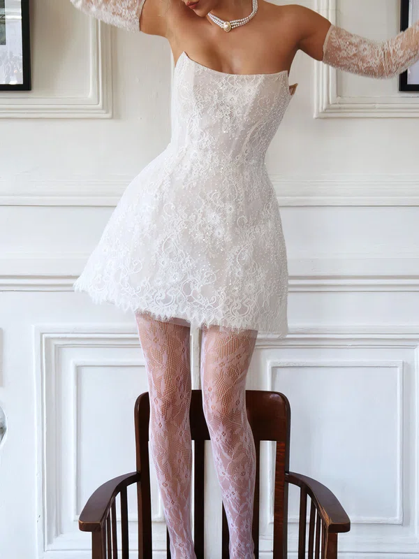 A-line Straight Lace Short/Mini Wedding Dress With Pearl Detailing #UKM00027473