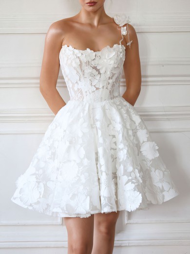 Ball Gown/Princess One Shoulder Lace Short/Mini Wedding Dress With Flower(s) #UKM00027474