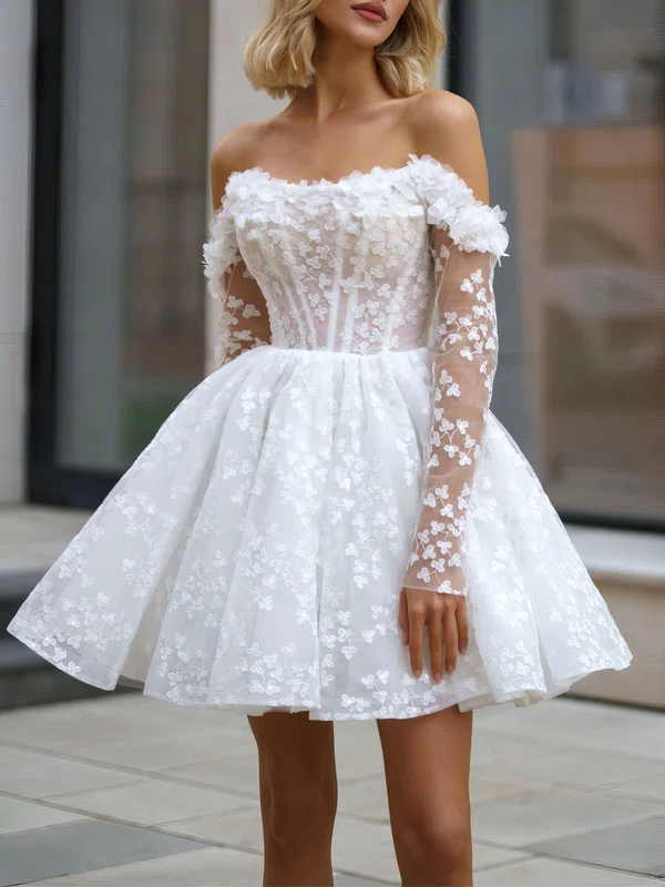 Ball Gown/Princess Off-the-shoulder Lace Short/Mini Wedding Dress With Ruched #UKM00027475