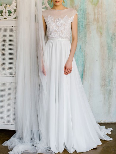 A-line Illusion Chiffon Sweep Train Wedding Dress #UKM00027510