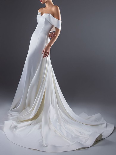 Sheath/Column Off-the-shoulder Satin Watteau Train Wedding Dress #UKM00027533