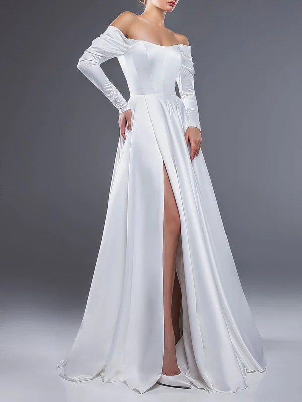 Ball Gown/Princess Off-the-shoulder Satin Floor-length Wedding Dress With Ruched #UKM00027536