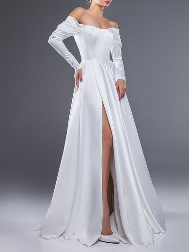 Ball Gown/Princess Off-the-shoulder Satin Floor-length Wedding Dress With Ruched #UKM00027536