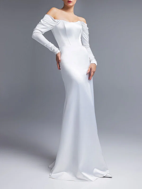 Sheath/Column Off-the-shoulder Satin Floor-length Wedding Dress With Ruched #UKM00027537