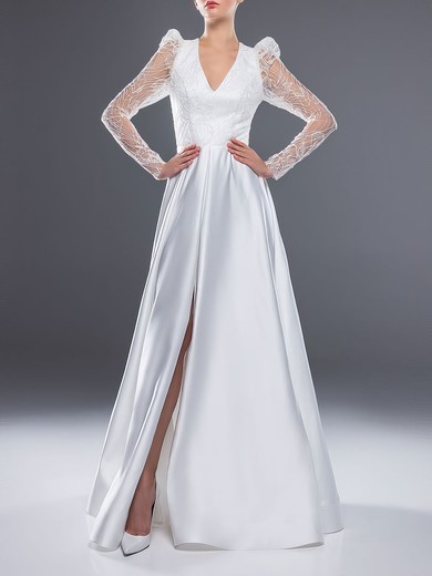 A-line V-neck Lace Satin Floor-length Wedding Dress With Split Front #UKM00027544