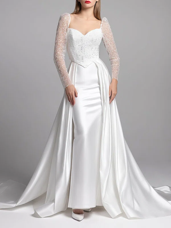 Sheath/Column Sweetheart Lace Satin Watteau Train Wedding Dress #UKM00027545