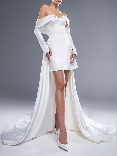 Sheath/Column Off-the-shoulder Satin Watteau Train Wedding Dress #UKM00027547