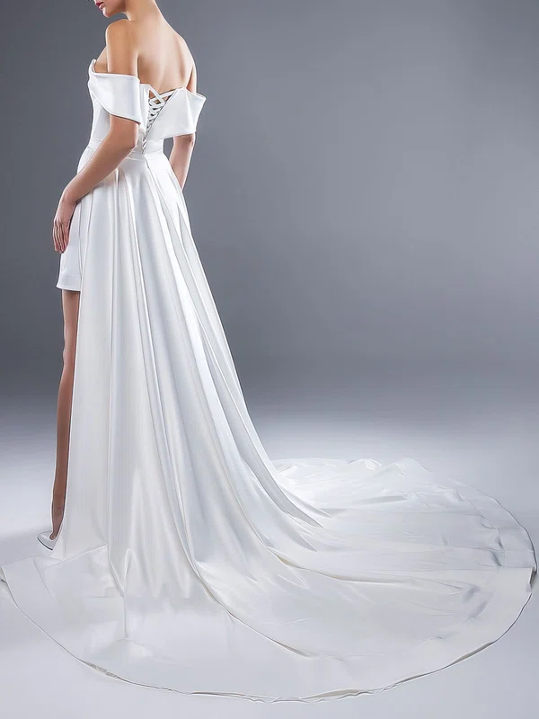 Sheath/Column Off-the-shoulder Satin Watteau Train Wedding Dress #UKM00027548