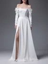 A-line Off-the-shoulder Satin Floor-length Wedding Dress With Split Front #UKM00027549