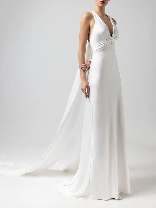 Sheath/Column V-neck Satin Sweep Train Wedding Dress With Ruched #UKM00027552