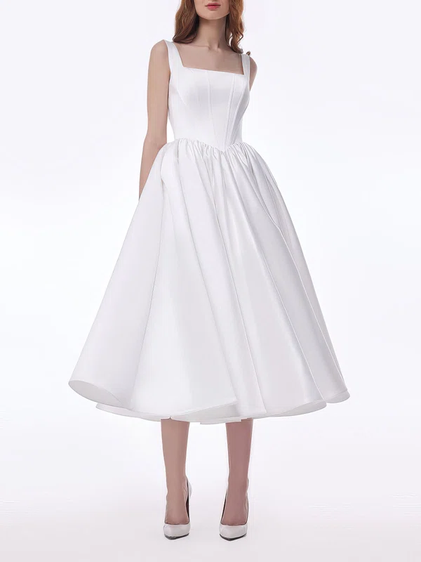 Ball Gown/Princess Square Neckline Satin Tea-length Wedding Dress #UKM00027556