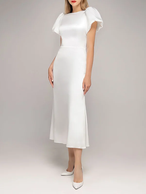 Sheath/Column Scoop Neck Satin Tea-length Wedding Dress #UKM00027566