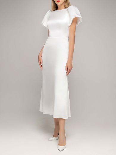 Sheath/Column Scoop Neck Satin Tea-length Wedding Dress #UKM00027566