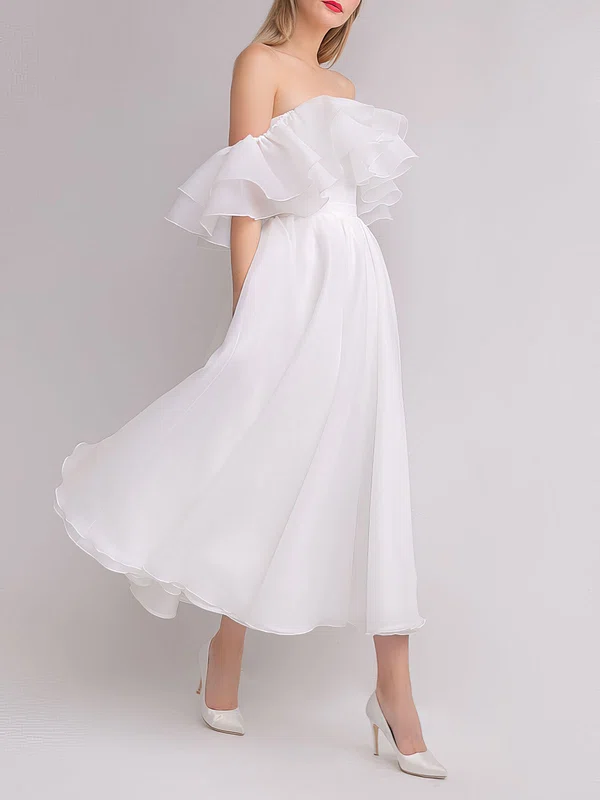 Ball Gown/Princess Off-the-shoulder Organza Tea-length Wedding Dress With Ruffles #UKM00027580