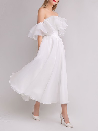 Ball Gown/Princess Off-the-shoulder Organza Tea-length Wedding Dress With Ruffles #UKM00027580