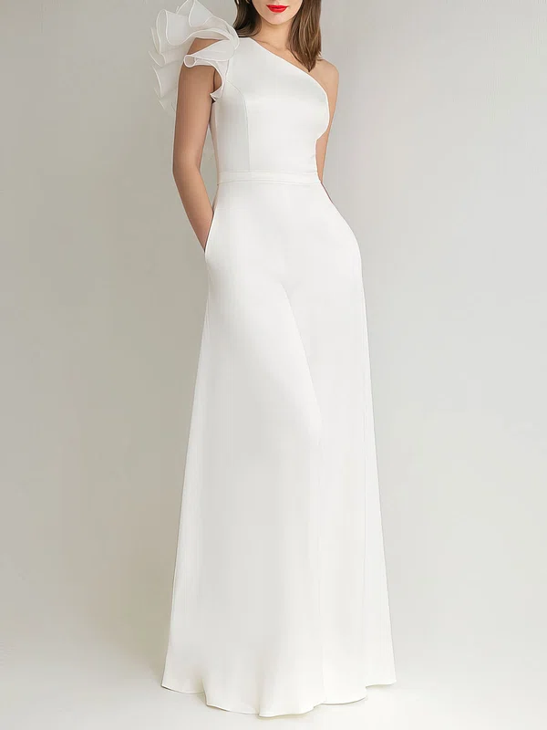 Sheath/Column One Shoulder Stretch Crepe Floor-length Wedding Dress With Ruffles #UKM00027599