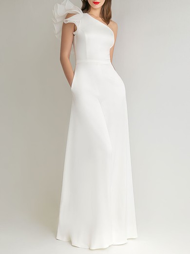 Sheath/Column One Shoulder Stretch Crepe Floor-length Wedding Dress With Ruffles #UKM00027599