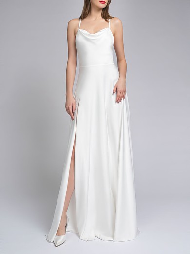 A-line Cowl Neck Satin Floor-length Wedding Dress With Split Front #UKM00027602