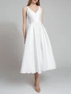 A-line V-neck Satin Tea-length Wedding Dress #UKM00027603