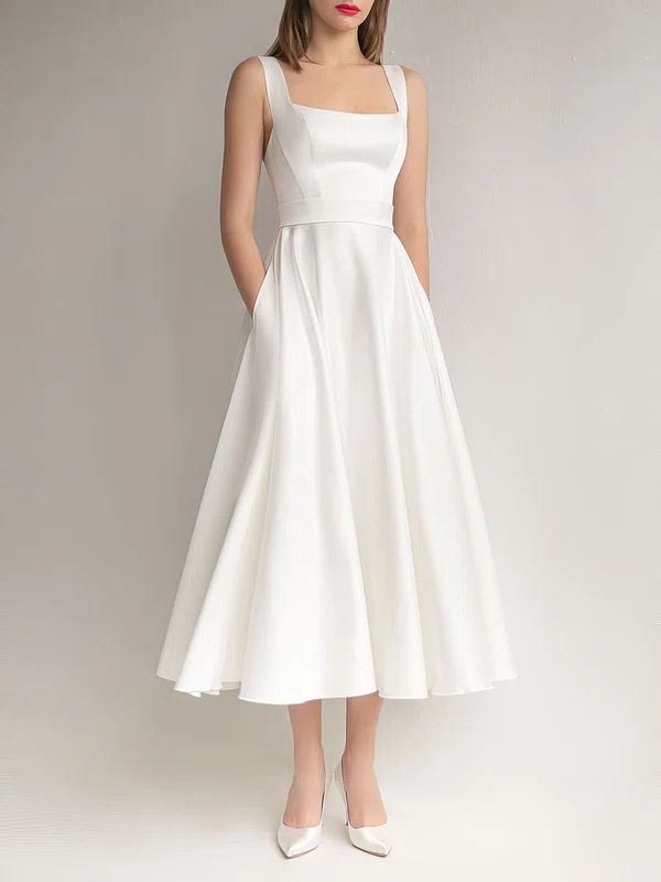 A-line Square Neckline Satin Tea-length Wedding Dress #UKM00027606