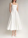 A-line Square Neckline Satin Tea-length Wedding Dress #UKM00027606