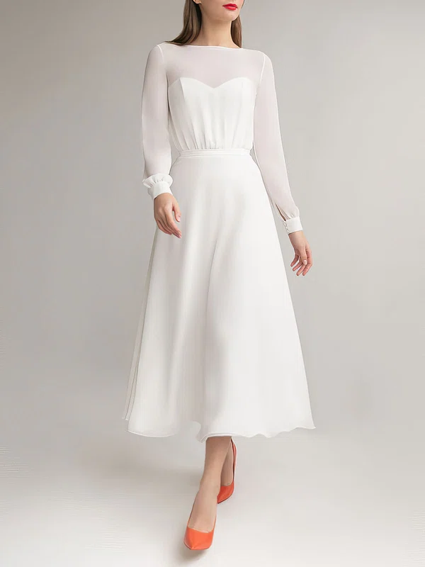 A-line Illusion Chiffon Tea-length Wedding Dress With Ruched #UKM00027608