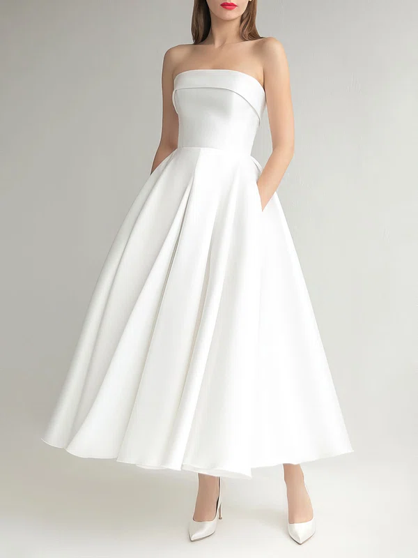 Ball Gown/Princess Straight Satin Tea-length Wedding Dress #UKM00027609