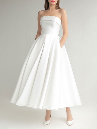 Ball Gown/Princess Straight Satin Tea-length Wedding Dress #UKM00027609