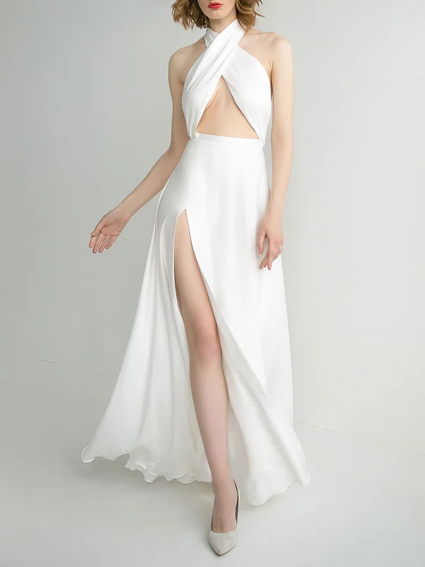 A-line Halter Satin Floor-length Wedding Dress With Split Front #UKM00027611