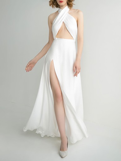 A-line Halter Satin Floor-length Wedding Dress With Split Front #UKM00027611