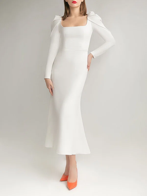 Sheath/Column Square Neckline Stretch Crepe Tea-length Wedding Dress #UKM00027617