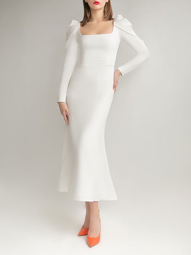 Sheath/Column Square Neckline Stretch Crepe Tea-length Wedding Dress #UKM00027617