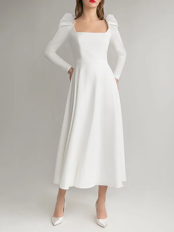 A-line Square Neckline Stretch Crepe Tea-length Wedding Dress #UKM00027618