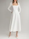 A-line Square Neckline Stretch Crepe Tea-length Wedding Dress #UKM00027618