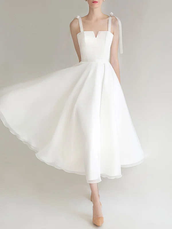 A-line V-neck Organza Tea-length Wedding Dress #UKM00027625