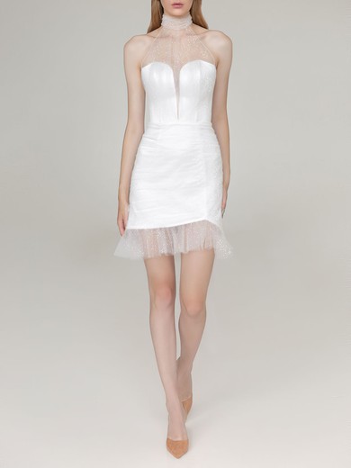 Sheath/Column High Neck Glitter Short/Mini Wedding Dress #UKM00027626