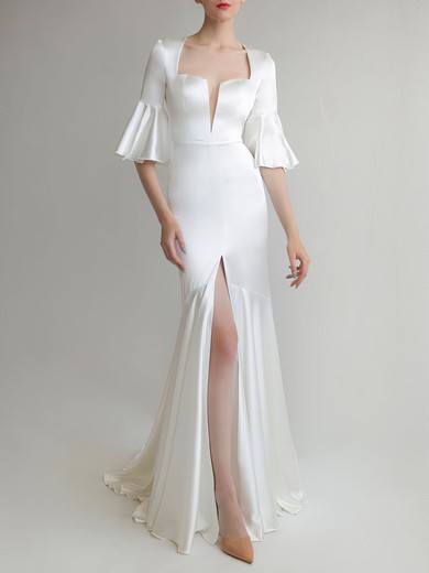 Trumpet/Mermaid V-neck Satin Sweep Train Wedding Dress With Split Front #UKM00027628