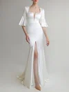 Trumpet/Mermaid V-neck Satin Sweep Train Wedding Dress With Split Front #UKM00027628