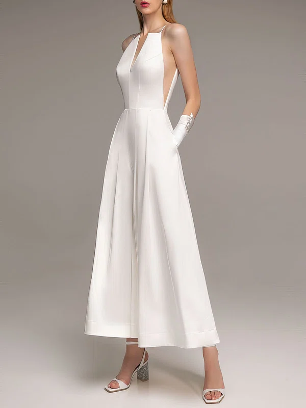 A-line V-neck Satin Ankle-length Wedding Dress #UKM00027629