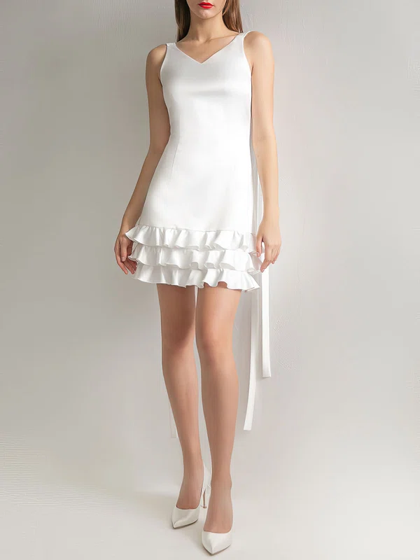 Sheath/Column V-neck Satin Short/Mini Wedding Dress With Ruffles #UKM00027631