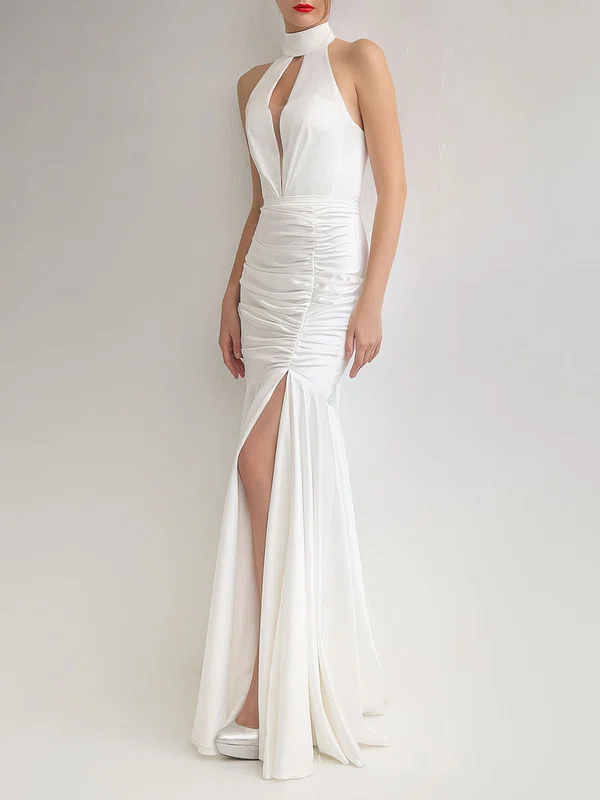 Trumpet/Mermaid Halter Satin Floor-length Wedding Dress With Ruched #UKM00027632