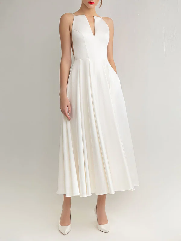 A-line V-neck Satin Tea-length Wedding Dress #UKM00027633