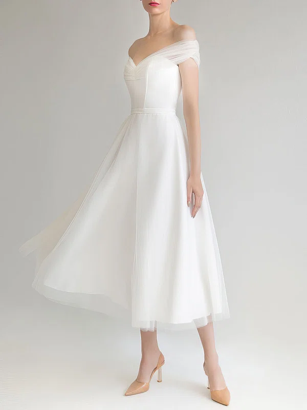 A-line Off-the-shoulder Tulle Tea-length Wedding Dress #UKM00027635