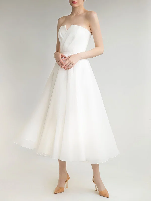 Ball Gown/Princess Straight Satin Tea-length Wedding Dress #UKM00027637