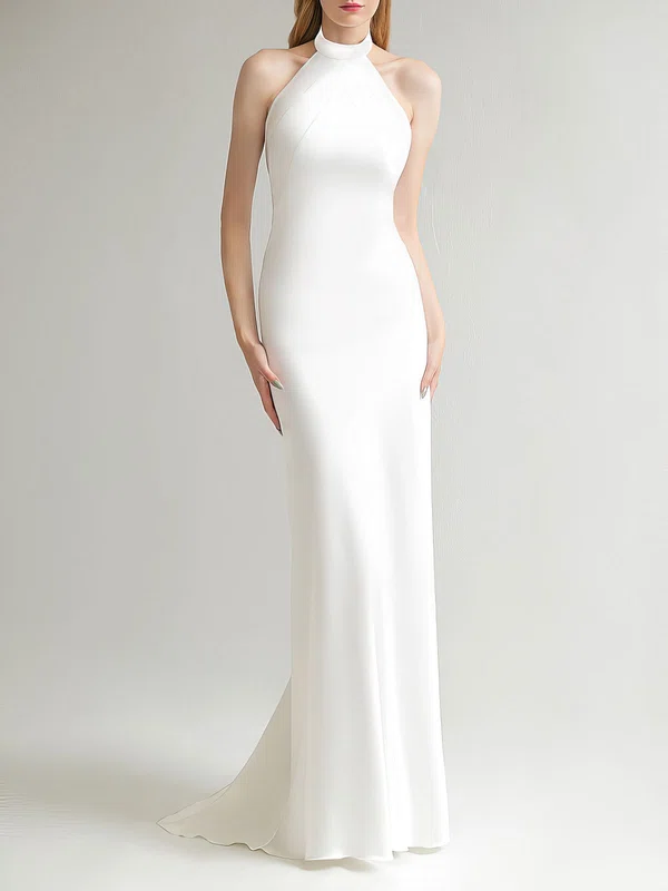 Sheath/Column Halter Satin Floor-length Wedding Dress #UKM00027638