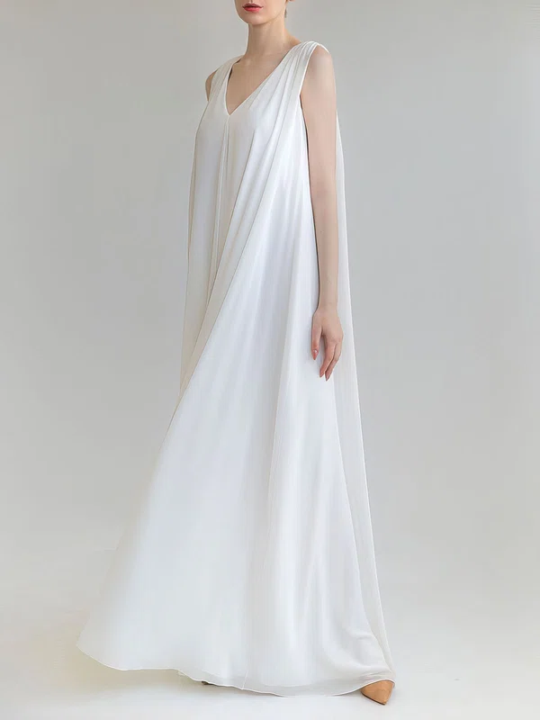 Sheath/Column V-neck Chiffon Floor-length Wedding Dress #UKM00027639