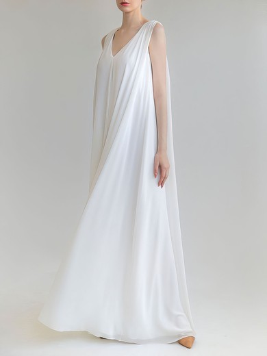 Sheath/Column V-neck Chiffon Floor-length Wedding Dress #UKM00027639