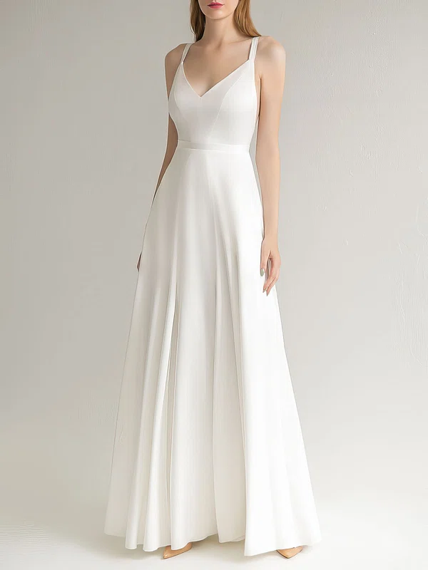 A-line V-neck Satin Floor-length Wedding Dress #UKM00027640